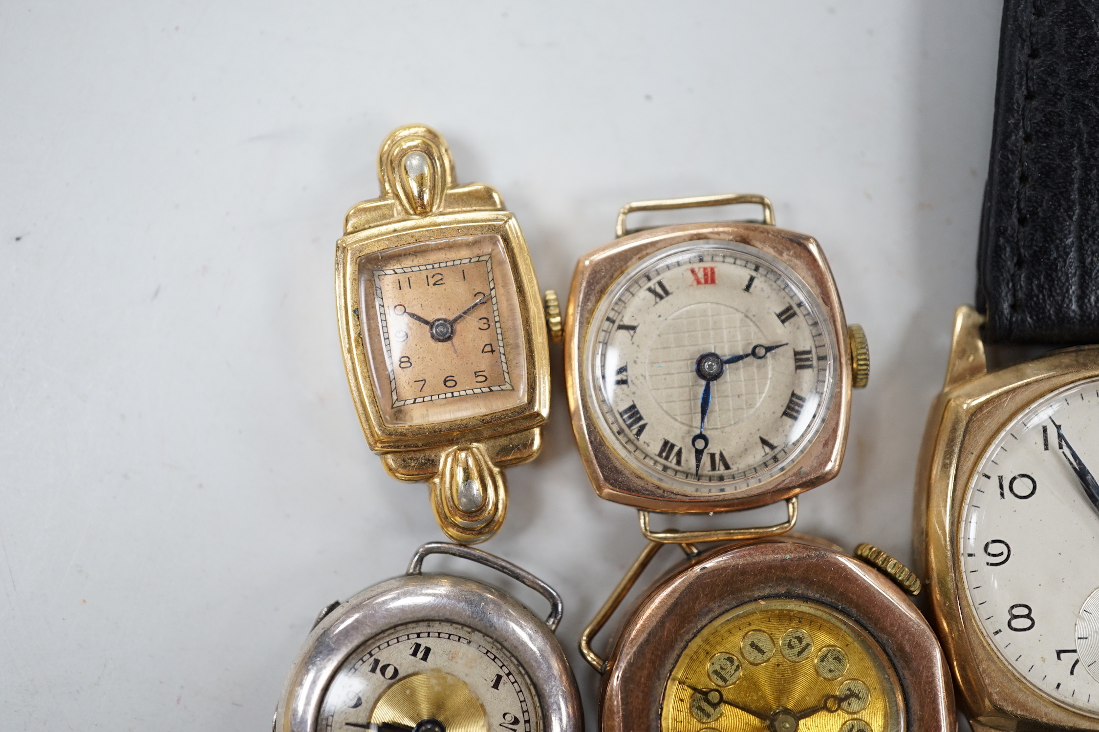 Five assorted 9ct gold lady's or gentleman's manual wind wrist watches, including Waltham, Record & Derrick and three other wrist watches.